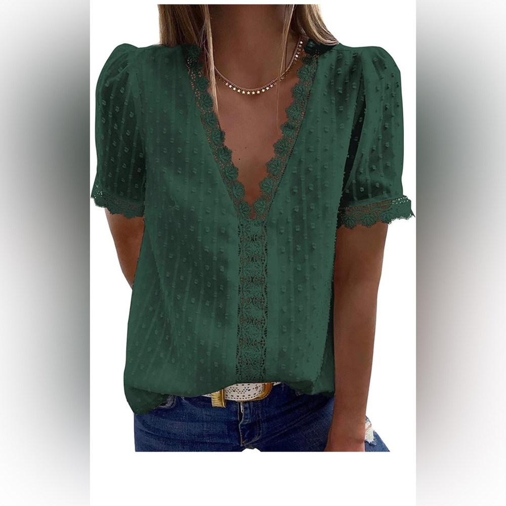 Womens Summer Lace Tops Short Sleeve V Neck Polka Dot Blouses Shirts-never worn